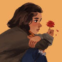 A drawing of Eurydice from Hadestown sitting curled up and holding a red flower.